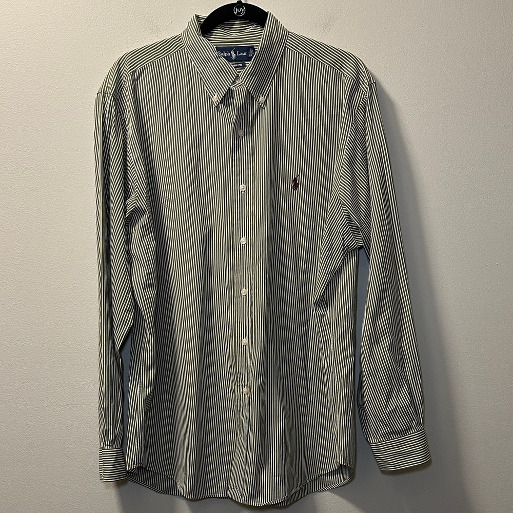 Ralph Lauren Men’s Green/White Vertical Stripe Long Sleeve Shirt Sz 16.5 34/35 L